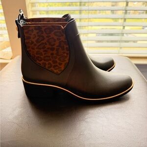 Classic Black Chelsea Rain Booties with Leopard Stretch Panel
